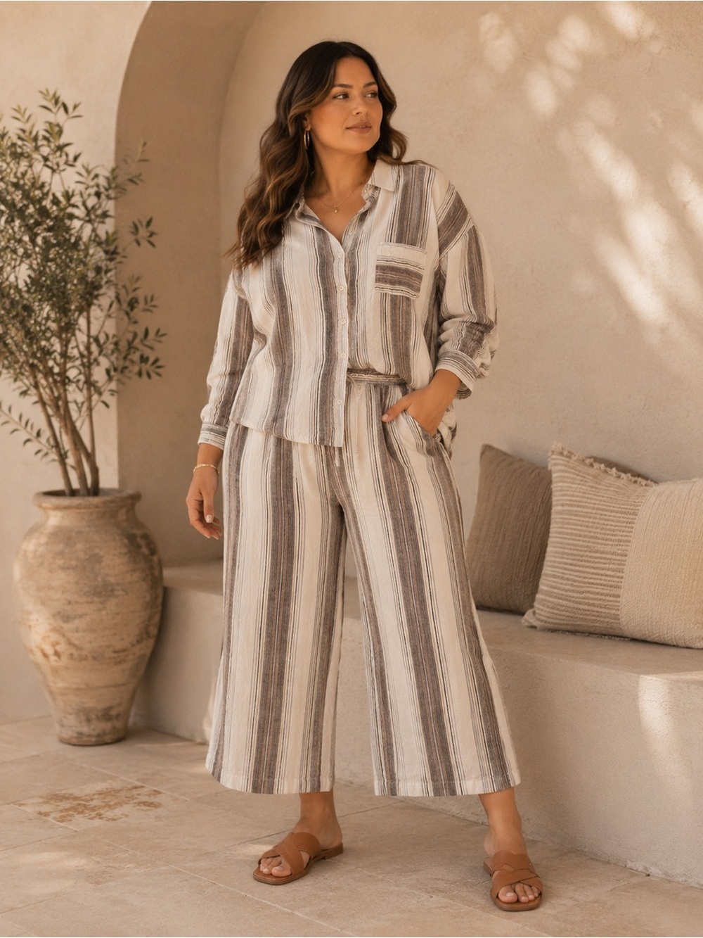Blair Women's 2-Piece Striped Matching Set | Large Top & Medium Cropped Pants